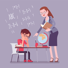 Female teacher and boy student. Unhappy child studying under strict control, bored single pupil doing homework with tutor, school practicing learning at home. Vector flat style cartoon illustration
