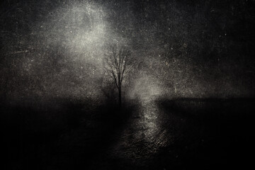 Dark scary horror landscape with lonely tree, gloomy magical wallpaper