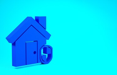 Fototapeta na wymiar Blue House under protection icon isolated on blue background. Home and shield. Protection, safety, security, protect, defense concept. Minimalism concept. 3d illustration 3D render.