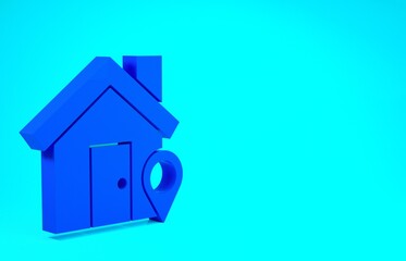 Blue Map pointer with house icon isolated on blue background. Home location marker symbol. Minimalism concept. 3d illustration 3D render.