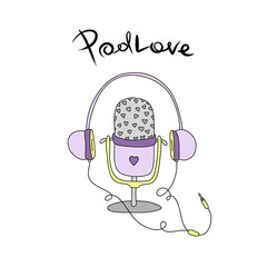 Studio microphone with podcast broadcast, flat cartoon style, media hosting doodle drawing. Sound recording device. Vector for design, typography cards and posters. Podlove - hand drawn lettering.