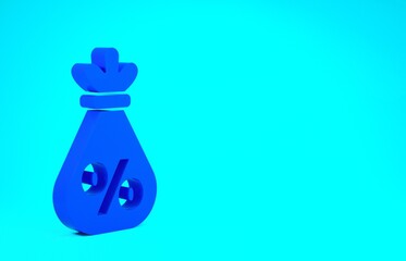 Blue Money bag with percent icon isolated on blue background. Cash Banking currency sign. Minimalism concept. 3d illustration 3D render.