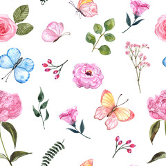 Watercolor cute floral seamless pattern. Summer pink flowers, green leaves, butterflies on white background. Colorful botanical print. Hand painted illustration