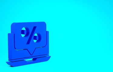 Blue Percent discount and laptop icon isolated on blue background. Sale percentage - price label, tag. Minimalism concept. 3d illustration 3D render.