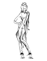 Hand drawn fashion young woman on white isolated background. Lady model one line drawing art sketch. Girl in female tailcoat, suit. Beauty outline figure. Continuous style. Vector stock illustration.