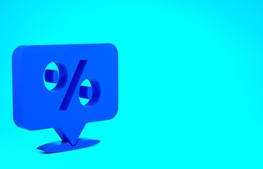 Blue Discount percent tag icon isolated on blue background. Shopping tag sign. Special offer sign. Discount coupons symbol. Minimalism concept. 3d illustration 3D render.