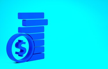 Blue Coin money with dollar symbol icon isolated on blue background. Banking currency sign. Cash symbol. Minimalism concept. 3d illustration 3D render.