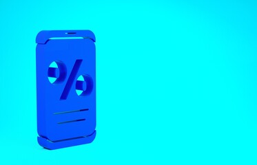 Blue Percent discount and mobile phone icon isolated on blue background. Sale percentage - price label, tag. Minimalism concept. 3d illustration 3D render.