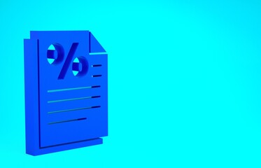 Blue Finance document icon isolated on blue background. Paper bank document for invoice or bill concept. Minimalism concept. 3d illustration 3D render.