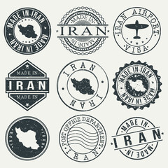 Iran Set of Stamps. Travel Stamp. Made In Product. Design Seals Old Style Insignia.