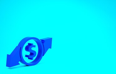 Blue Financial growth and dollar coin icon isolated on blue background. Increasing revenue. Minimalism concept. 3d illustration 3D render.