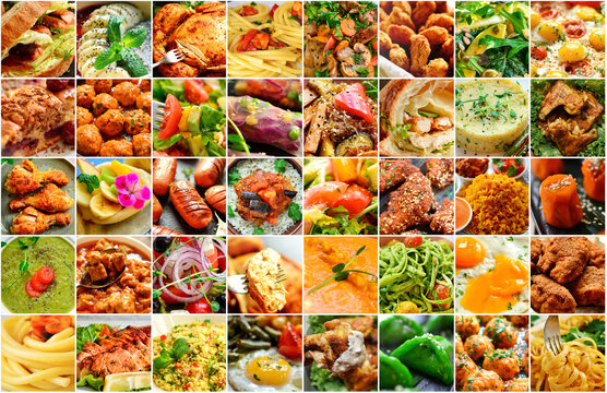 Natural food collage. Food background. Vegetable and meat dishes.