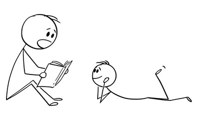 Vector cartoon stick figure drawing conceptual illustration of father or parent reading book to his son or child.