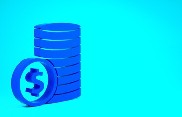 Blue Coin money with dollar symbol icon isolated on blue background. Banking currency sign. Cash symbol. Minimalism concept. 3d illustration 3D render.