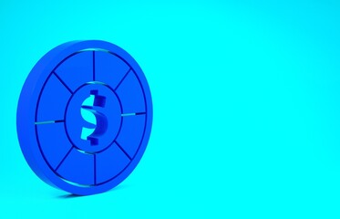 Blue Casino chips icon isolated on blue background. Casino gambling. Minimalism concept. 3d illustration 3D render.