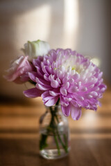 Small vase with a small collection of cut flowers, standing in the sunlight falling in from the window on the right