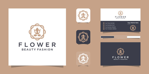 Minimalist elegant flower rose line art style. luxury beauty salon, fashion,cosmetic, yoga and spa products. logo design and business card