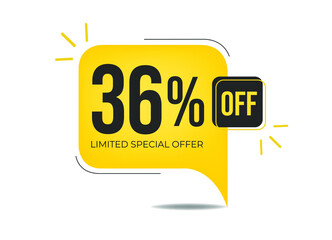 36% off limited special offer. Banner with thirty-six percent discount on a yellow square balloon.