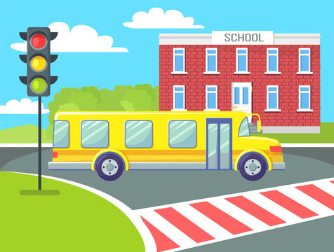 Bright yellow modern school bus stops before pedestrian crossing near traffic light. Colorful education transportation vehicle vector illustration. Back to school concept. Flat cartoon