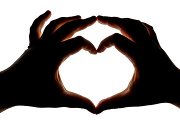 Silhouette of hands showing heart gesture isolated on white background. Blank for design.