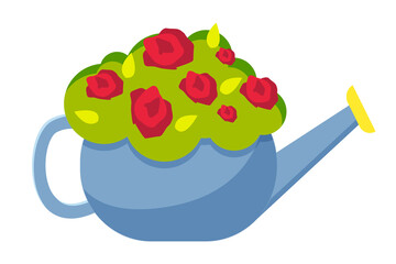 Watering can vase with flowers concept isolated on white background. Red flowers in vase vector flat design. Cartoon illustration of blue watering can vase with bouquet. Potted garden flowering plant