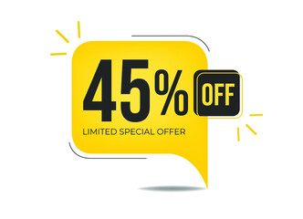 45% off limited special offer. Banner with forty-five percent discount on a yellow square balloon.