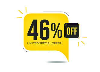 46% off limited special offer. Banner with forty-six percent discount on a yellow square balloon.