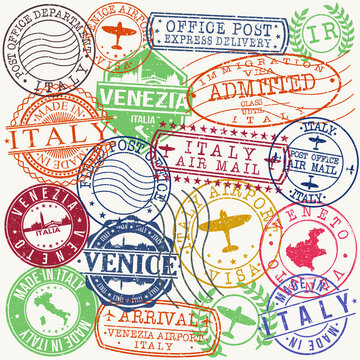 Venice Italy Stamp Vector Art Postal Passport Travel Design Set Badge Rubber.