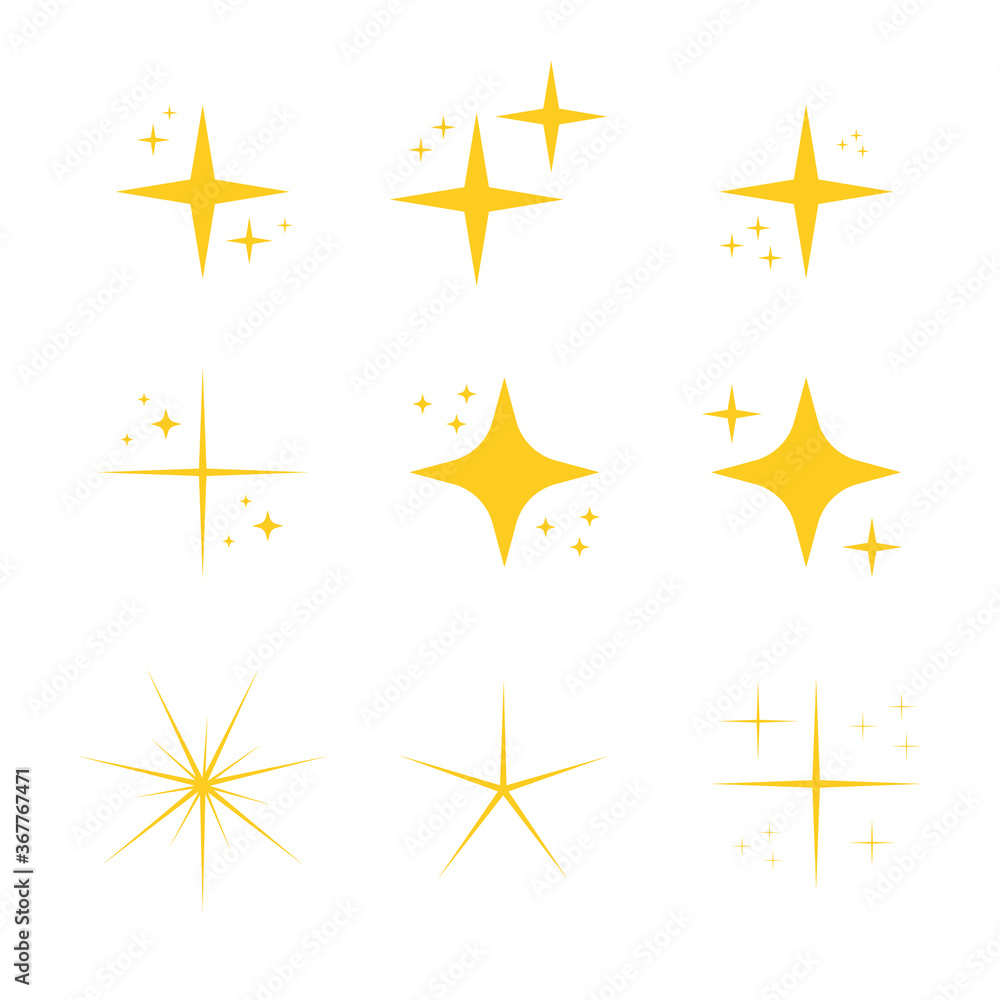 Poster set of yellow sparkles with star beam effect