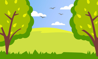 Spring or summer season cartoon country landscape with green fields, high trees, birds in cloudy sky. Lovely rural nature vector illustration. Green meadow and forest trees blue sky background