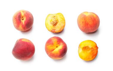 Many ripe peaches on light background