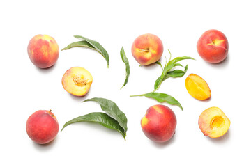 Many ripe peaches on light background