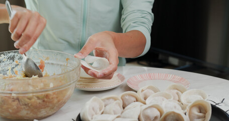 Woman making meat dumpling at home