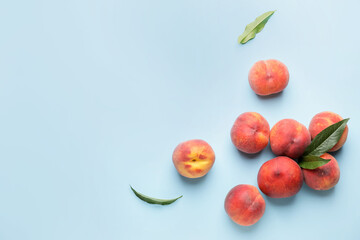Many ripe peaches on color background