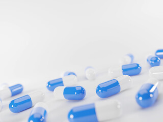 Close-up scattered drug of blue medicine capsules on white background. Medical, healthcare and pharmacy concept. Copy and empty space for text. 3D rendering.