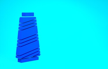 Blue Sewing thread on spool icon isolated on blue background. Yarn spool. Thread bobbin. Minimalism concept. 3d illustration 3D render.