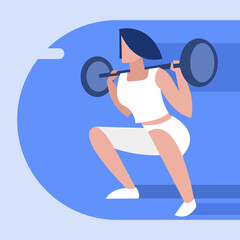 Illustration of a girl doing squats with weights in the gym