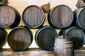 La Geria, Lanzarote, Canary Islands / Spain - March 8, 2011: Detail of some wine barrels in a cellar