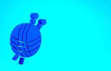Blue Yarn ball with knitting needles icon isolated on blue background. Label for hand made, knitting or tailor shop. Minimalism concept. 3d illustration 3D render.