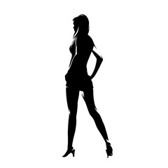 Slim sexy woman standing in high heels shoes, attractive body silhouette. Isolated vector illustration