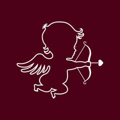 Cupid graphic icon. Cupid with bow and arrow sign isolated on dark red background. Love symbol. Vector illustration