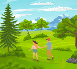 Happy couple guy and girl walking at nature. In love people spend leisure time together outdoors. Young man and woman holding hands and walk at mountains background. Cartoon vector illustration