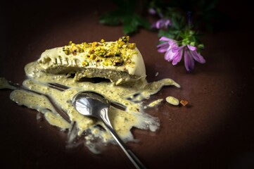 Pistachio popsicle ice cream melts on wet glass background with spoon and flower.