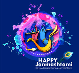 Celebrating happy Janmashtami festival of India with llustration of Lord Krishna playing bansuri (flute) and dahi handi competition - vector background