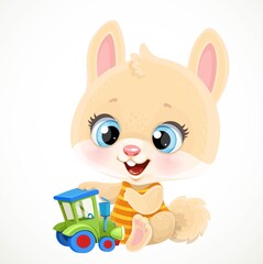 Cute little bunny boy playing with a toy tractor isolated on white background