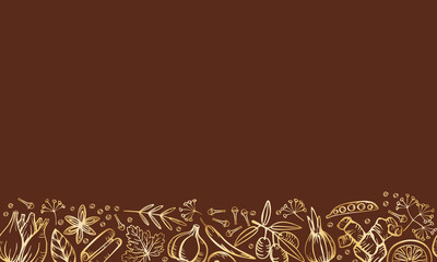 Spice herbs for delicious cooking. Isolated golden vector seamless  border frame on brown background. Stylized hand drawing.