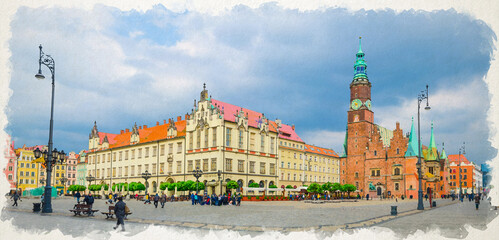Fototapeta premium Watercolor drawing of Old Town Hall and New City Hall building