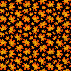 Seamless pattern of cartoon autumn orange red maple tree leaves on black background. Colorful , fall season print for design poster, textile, fabric, postcard, wrapping paper, scrapbooking.