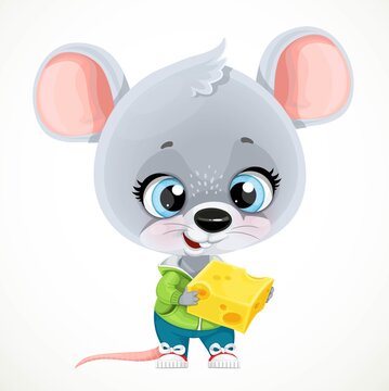 Cute cartoon baby mouse with large piece of cheese isolated on a white background
