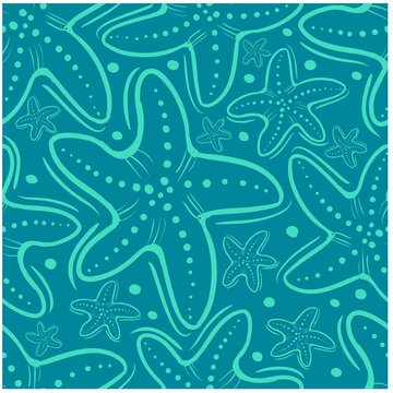 Seamless pattern blue doodle big and small starfishes on algiers blue background